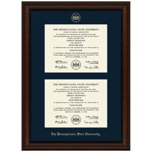 Double Diploma Frame Lenox, Walnut Finish, Gold Embossed Seal The Pennsylvania State University, Navy Mat